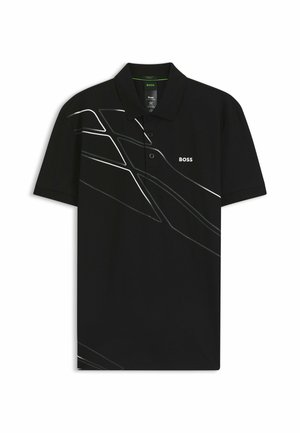 Schwarzes Poloshirt mit weißen grafischen Linien, zwei Knöpfen und 'BOSS'-Logo. Aus glattem Material gefertigt mit klassischem Kragendesign.