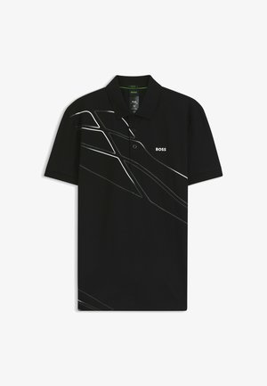 Svart polo T-shirt med vita grafiska linjer, två knappar och "BOSS"-logotyp. Tillverkad av ett smidigt material med en klassisk kragdesign.