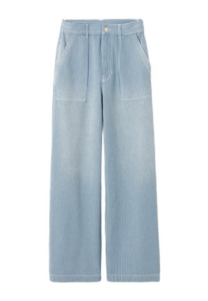 Pantaloni a gamba larga a righe blu e bianche con chiusura a bottone, tasche frontali e una texture di tessuto liscia e leggera.