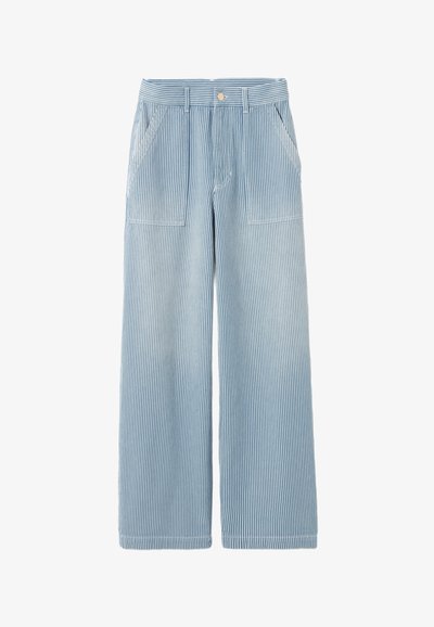 Pantalons larges rayés bleus et blancs avec une fermeture à bouton, des poches avant et une texture de tissu lisse et léger.
