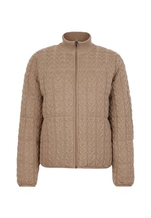 Beige kabelstrikket trøje med lynlås, høj krave og lange ærmer, med en tekstureret mønster og et let polstret look.