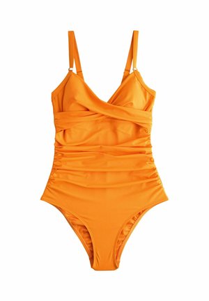 Costum de baie întreg de culoare portocaliu aprins, cu bretele reglabile și detalii cu falduri la nivelul taliei și pe laterale.