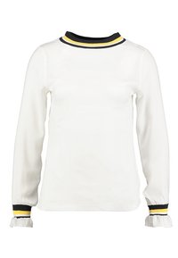 Weißes Langarmshirt mit rundem Halsausschnitt, das einem marineblauen, schwarzen und gelben gestreiften Kragen und gestreiften elastischen Bündchen mit Rüschendetails verfügt.