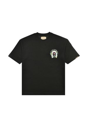 Black short-sleeve T-shirt with a small colorful graphic of an arch with plants and "Pays de Monaco" text on the left chest.