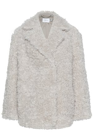 Faux fur coat in light beige with a textured, fluffy surface. Features a wide lapel collar and a relaxed silhouette. No visible fastenings.