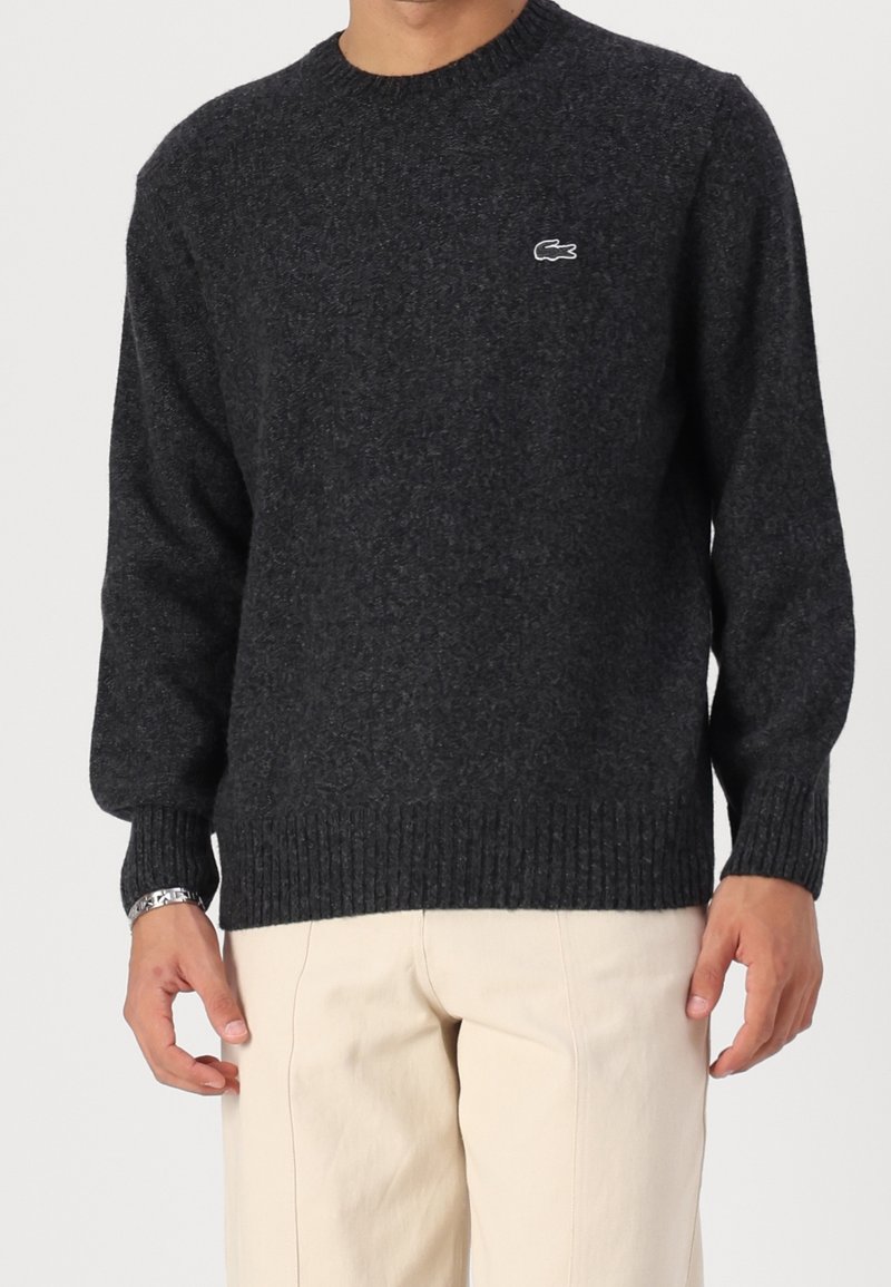 Homme portant un pull texturé gris foncé avec un petit logo crocodile blanc sur la poitrine, assorti à un pantalon beige clair, debout devant un fond blanc.