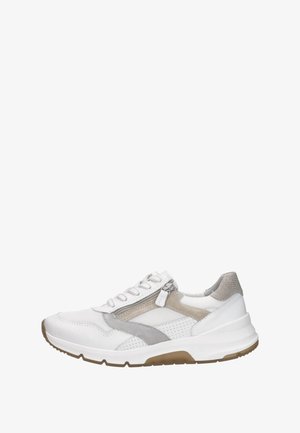 White and grey athletic sneaker with side zipper, mesh and leather panels, lace-up front, and rubber sole with brown tread.