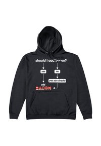 Felpa nera con un diagramma di flusso che recita "dovrei aggiungere bacon?" con due opzioni: "sì" o "no," entrambe che terminano con "aggiungi BACON" in lettere rosse striate.