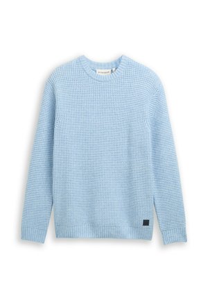 Jasnoniebieski sweter dziergany z teksturowanym wzorem, długimi rękawami oraz prążkowanym kołnierzem i obszyciem. Posiada małą czarną metkę z logo po boku.