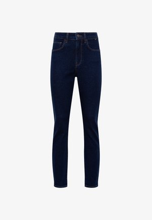 Dark blue denim jeans with a slim fit, five pockets, orange stitching, and a front button closure. Smooth texture with no visible patterns.