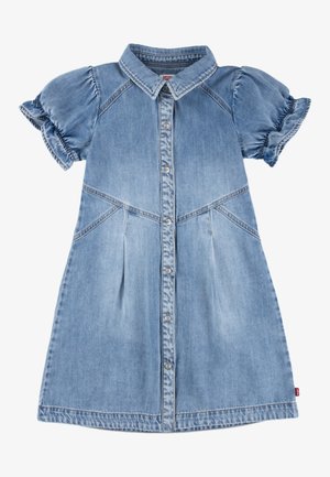 Lyseblå denim kjole med korte ærmer til piger med puffede ærmer, knapper foran og kraveudskæring.