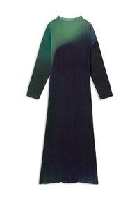 Langes, plissiertes Kleid mit einem Farbverlauf von Grün zu Dunkelblau, das über einen runden Ausschnitt und lange Ärmel verfügt.