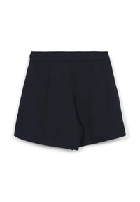 Shorts navy en tissu léger, dotés d'une taille plate, de deux plis à l'avant et d'une coupe droite avec des ourlets légèrement arrondis.