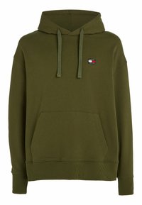 Olivgrüner Kapuzenpullover aus weichem Material, mit einer Kängurutasche und einem kleinen Markenlogo-Patch auf der Brust.