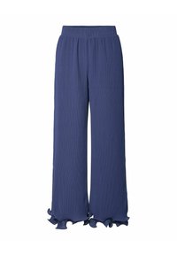Pantalon bleu marine à jambes larges en tissu léger, arborant une texture côtelée et des ourlets ondulés pour une touche supplémentaire. Taille élastique pour un confort optimal.