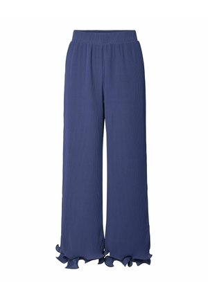 Pantalones de pierna ancha azul marino, confeccionados en tejido ligero, con textura acanalada y dobladillos rizados para un detalle adicional. Cintura elástica para mayor comodidad.
