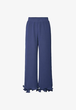Pantalones de pierna ancha azul marino, confeccionados en tejido ligero, con textura acanalada y dobladillos rizados para un detalle adicional. Cintura elástica para mayor comodidad.