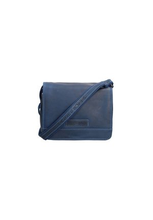 Borsa a tracolla in pelle blu navy con forma rettangolare, tracolla regolabile e cuciture in contrasto. Presenta un'etichetta del marchio sul davanti.