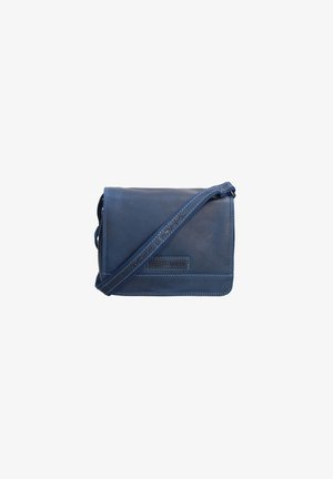 Borsa a tracolla in pelle blu navy con forma rettangolare, tracolla regolabile e cuciture in contrasto. Presenta un'etichetta del marchio sul davanti.
