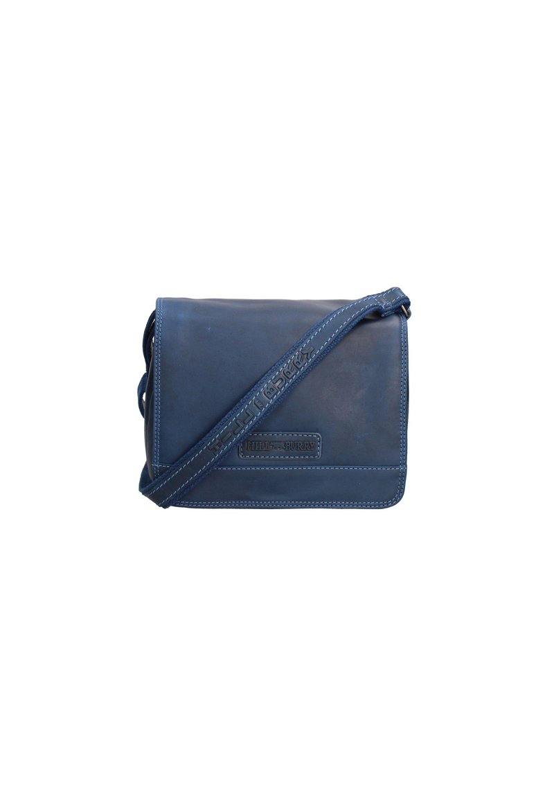 Borsa a tracolla in pelle blu navy con forma rettangolare, tracolla regolabile e cuciture in contrasto. Presenta un'etichetta del marchio sul davanti.