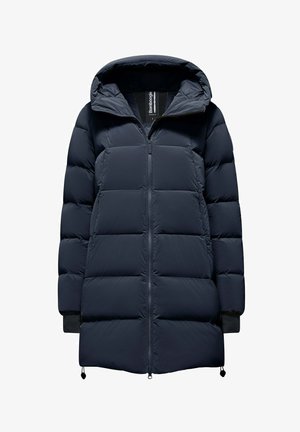 Navy blue puffer coat with a hood, full front zipper, quilted design, elastic cuffs, and drawstring hem for fit adjustment.