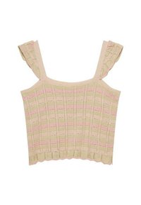 Top de punto en beige con franjas de diferentes tonos de verde claro y rosa. Presenta tirantes con volantes y un dobladillo acanalado texturizado.