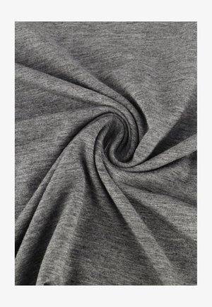 Tejido gris con una textura fina y suave, dispuesto en un patrón en espiral, que muestra fibras mezcladas y sutiles variaciones en el sombreado.