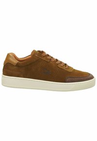 Brown suede sneakers with leather accents, round toe, and perforated detailing. Features flat laces and a white rubber sole.