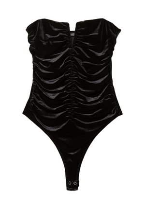 Čierny sametový body s prešívaním, off-shoulder dizajnom a patentkou na spodnej časti. Mäkká textura, priliehavý strih.