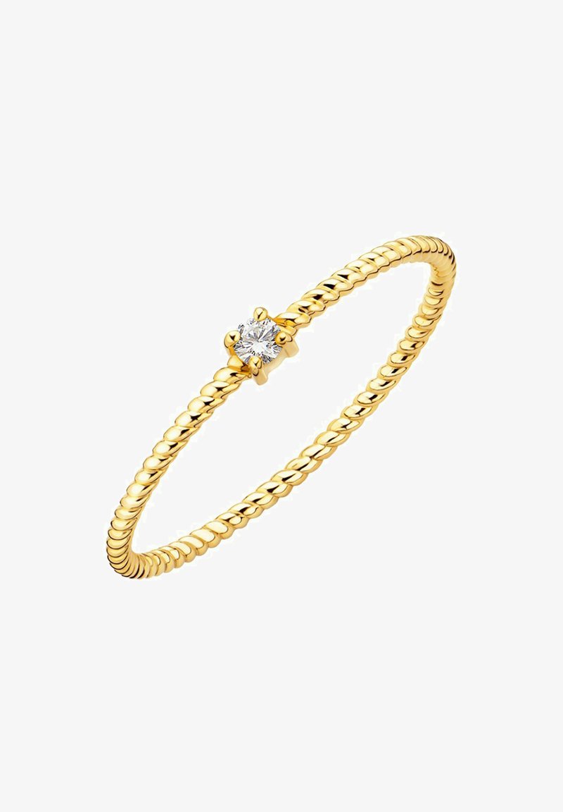 Zlatý prsteň s krúteným pásom, ktorý obsahuje jediný okrúhly diamant v šesťdrážkovom osadení. Hladký povrch, leštený finiš.