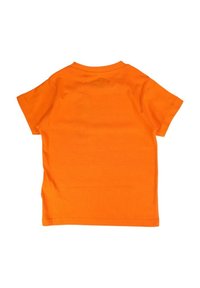 T-shirt orange à manches courtes avec un col rond et une texture en coton lisse. L'arrière est uni, sans motifs ni graphiques.
