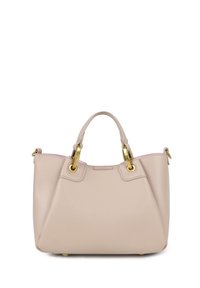 Borsa a mano in pelle beige con un design strutturato, accessori in oro, due manici corti e una superficie leggermente texture.