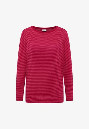 Red long-sleeve shirt in a horizontal stripe pattern, featuring a crew neckline and soft texture. Label reads "CECIL."