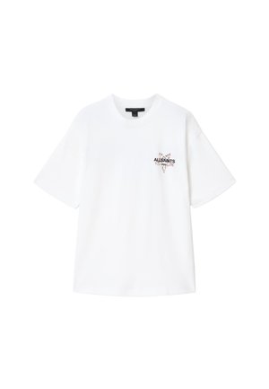Valkoinen lyhythihainen T-paita, jossa pieni kukkakuvioinen logo ja "ALLSAINTS"-teksti vasemmassa rinnassa, pyöreä pääntie ja rento istuvuus.