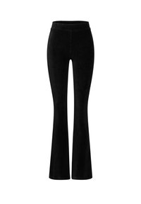 Pantaloni neri a campana con una texture a coste, vita elastica e un tessuto liscio e elasticizzato. Presentano una silhouette aderente fino al ginocchio.