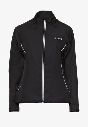 Black athletic jacket with a zip front, high collar, white piping, and side pockets. Made from lightweight, smooth fabric.