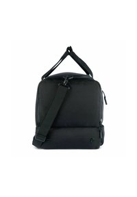 Le sac à épaule en tissu noir présente une forme rectangulaire, une bandoulière réglable, une poignée supérieure et une fermeture éclair avec un compartiment rembourré à la base.