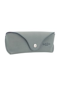 Grey leather eyeglasses case with a curved design, folded flap, silver snap closure, and embossed logo along the side.