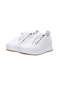 White sneakers with a smooth leather upper, flat laces, metal eyelets, and a thick white sole with a brown rubber outsole.