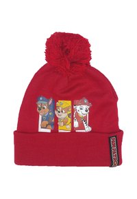 Red knitted beanie with a pom-pom on top, featuring cartoon dog characters in police outfits printed on the front. Soft texture, foldable cuff.