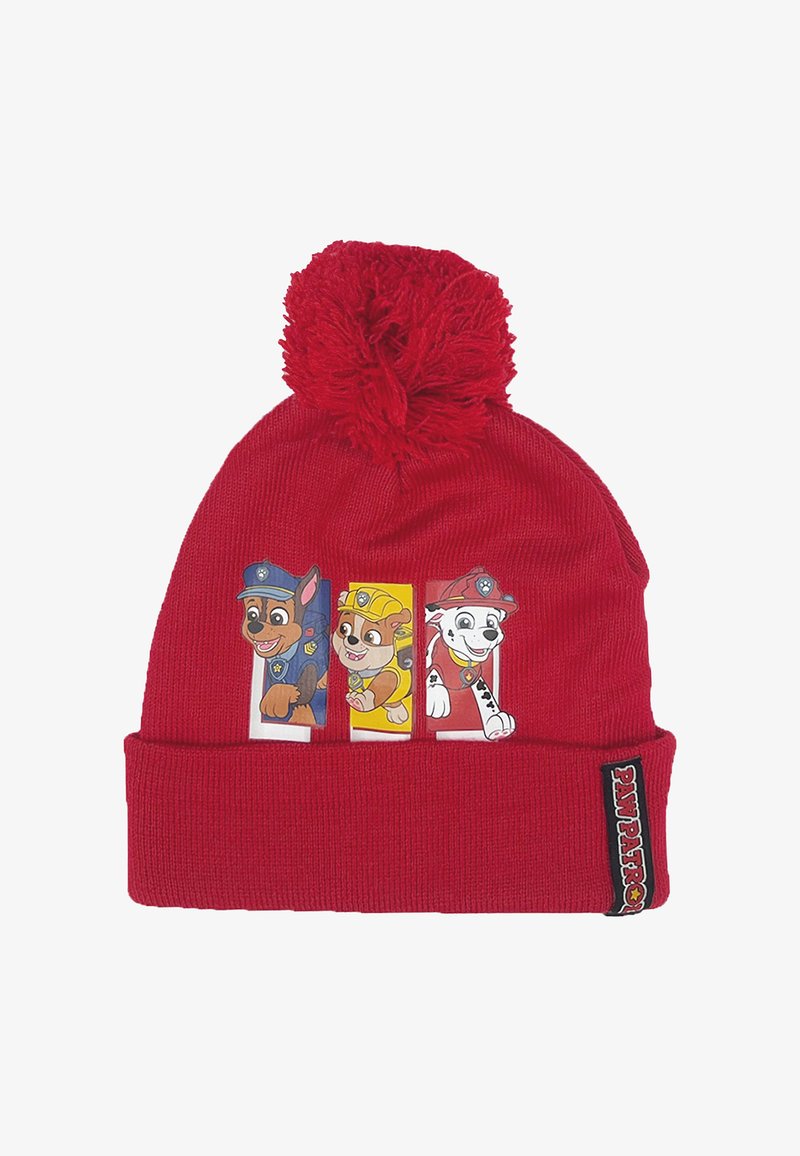 Rote gestrickte Mütze mit Bommel oben, auf der Vorderseite sind Cartoon-Hunde in Polizeiuniformen aufgedruckt. Weiche Textur, umklappbarer Rand.