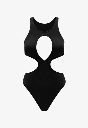 Schwarzer Badeanzug mit hohem Ausschnitt, Ausschnittdetails am Torso und tiefem Rücken. Hergestellt aus glattem, elastischem Stoff.