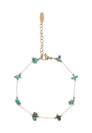Brățară delicată din lanț de aur cu pietre turcoaz și mărgele mici de aur, cu închizătoare tip homar și lanț extensibil reglabil.