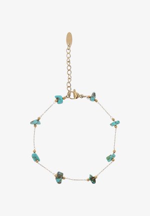 Hento kultainen ketjurannekoru, jossa on turkooseja kiviä ja pieniä kultaisia helmiä, varustettu hummerilukolla ja säädettävällä jatkuketjulla.