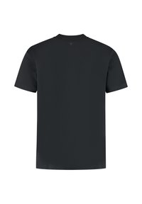 Zwarte t-shirt met korte mouwen, een gladde textuur, ronde hals en een minimalistisch ontwerp. Geen zichtbare graphics of patronen.