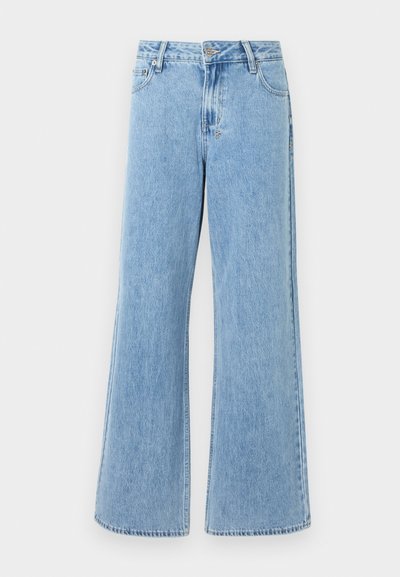 Jeans in denim azzurro chiaro a gamba larga con vita alta, dotati di cinque tasche e chiusura classica con bottone e zip.
