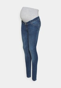 Calças de ganga skinny de maternidade com um acabamento em denim azul escuro, apresentando uma faixa elástica cinza suave na cintura e um design de perna slim-fit.
