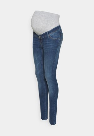Calças de ganga skinny de maternidade com um acabamento em denim azul escuro, apresentando uma faixa elástica cinza suave na cintura e um design de perna slim-fit.