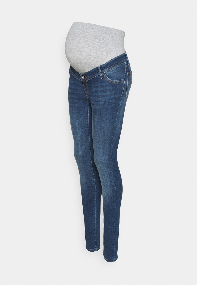 Calças de ganga skinny de maternidade com um acabamento em denim azul escuro, apresentando uma faixa elástica cinza suave na cintura e um design de perna slim-fit.
