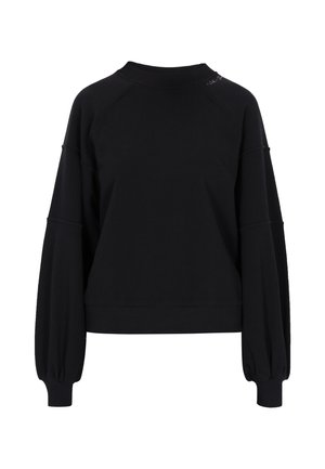 Sort sweatshirt lavet af blødt stof, med rund halsudskæringer, raglanærmer og elastiske manchetter. Minimalistisk design uden synlige mønstre.